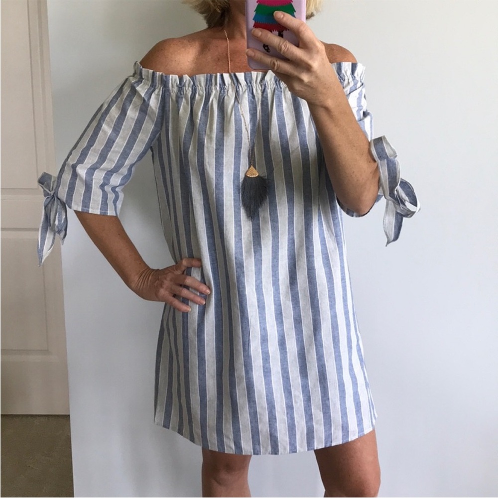 Blue and White Stripe Off the Shoulder Dress